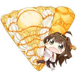 Rule 34 | 10s, 1girl, :d, ahoge, black eyes, brown hair, chibi, cream, crepe, detached sleeves, food, hinata yuu, ice cream, kantai collection, kongou (kancolle), long hair, looking at viewer, nontraditional miko, hugging object, open mouth, pleated skirt, simple background, skirt, smile, solo, white background