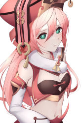Rule 34 | 1girl, antlers, bare shoulders, black bra, blush, bra, breasts, cleavage, closed mouth, commentary, crop top, detached sleeves, genshin impact, green eyes, hair between eyes, hat, highres, horns, long hair, looking at viewer, midriff, navel, pink hair, red hat, red skirt, scales, sidelocks, simple background, skirt, small breasts, solo, standing, takmi, underwear, upper body, white background, white sleeves, yanfei (genshin impact)