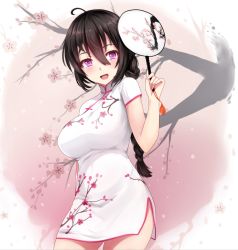 Rule 34 | 1girl, :d, ahoge, arm at side, bad id, bad pixiv id, beifeng han, black hair, blush, braid, breasts, china dress, chinese clothes, cowboy shot, dress, floral print, flower, glowing, hair between eyes, hand fan, holding, large breasts, long hair, miyaura sanshio, open mouth, original, paper fan, plum blossoms, print dress, purple eyes, revision, short dress, short sleeves, side slit, single braid, smile, solo, tassel, uchiwa, white dress