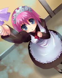 Rule 34 | 00s, 1girl, apron, bad id, bad pixiv id, blue eyes, cleaning, duster, from above, hisui (tsukihime), indoors, kobanzame, maid, maid apron, maid headdress, pink hair, solo, tsukihime