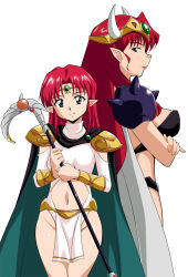 Rule 34 | 2girls, age difference, armor, azalyn (musekinin kanchou tylor), bandeau, bikini, blue eyes, breasts, brown eyes, cape, circlet, clothing cutout, cowboy shot, crossed arms, detached sleeves, fake horns, fantasy, from side, gem, groin, highleg, highleg leotard, highleg swimsuit, holding, holding weapon, horned headwear, horns, large breasts, leotard, light smile, lipstick, long hair, looking at viewer, makeup, mature female, multiple girls, musekinin kanchou tylor, navel, navel cutout, no panties, pauldrons, pelvic curtain, pointy ears, profile, red hair, red lips, ryumage, shia has, shoulder armor, sideboob, simple background, small breasts, smile, spikes, staff, standing, swimsuit, turtleneck, vambraces, very long hair, weapon, white background