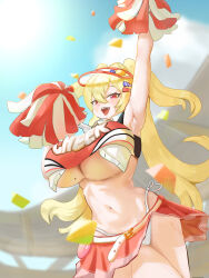 1girl absurdres arm_up armpits belt blonde_hair blush breasts cheerleader clay_(nikke) confetti goddess_of_victory:_nikke gooridium hair_ornament hairclip highleg highleg_panties highres holding holding_pom_poms long_hair looking_at_viewer midriff navel panties panty_straps pom_pom_(cheerleading) pom_poms red_eyes red_skirt side-tie_panties skirt sleeveless solo sweat two-tone_tank_top underboob underwear visor_cap whistle whistle_around_neck