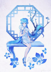 Rule 34 | 1girl, 2023, absurdres, alternate costume, bare arms, bare legs, bead bracelet, beads, blue bow, blue eyes, blue flower, blue footwear, blue hair, bow, bracelet, branch, branch print, breasts, china dress, chinese clothes, chinese commentary, cleavage cutout, closed mouth, clothing cutout, commentary request, dated, dress, flower, footwear bow, gradient background, hand fan, hand up, hatsune miku, high heels, highres, holding, holding fan, jewelry, long hair, looking at viewer, mie haha, octagon, platform, purple background, shaohua hatsune miku, signature, sitting, small breasts, socks, solo, twintails, two-tone background, very long hair, vocaloid, weibo logo, weibo watermark, white background, white dress, white socks