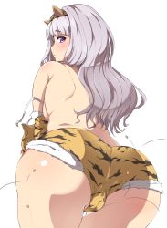 Rule 34 | 1girl, animal print, ass, ass focus, bad id, bad pixiv id, blush, breasts, cameltoe, cleft of venus, female focus, from behind, fur trim, hairband, highres, horns, idolmaster, idolmaster (classic), long hair, looking at viewer, looking back, mamemaki, moisture (chichi), oni horns, open mouth, purple eyes, setsubun, shijou takane, silver hair, solo, tiger print, topless, white background