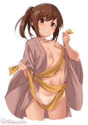 Rule 34 | 1girl, blush, breasts, brown eyes, brown hair, brown kimono, collarbone, ebifurya, groin, hair between eyes, highres, i-401 (kancolle), japanese clothes, kantai collection, kimono, long sleeves, naked kimono, navel, one-hour drawing challenge, open mouth, ponytail, short hair, simple background, small breasts, solo, twitter username, white background, wide sleeves, yukata