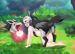 Rule 34 | 1girl, animal penis, ass, bestiality, blush, breasts, creatures (company), cum, cum in pussy, dawn (pokemon), dog, fertilization, game freak, gen 3 pokemon, highres, impregnation, interspecies, knotted penis, medium breasts, mightyena, nintendo, nipples, nude, open mouth, outdoors, ovum, penis, pokemon, pokemon dppt, pokephilia, pussy, pussy juice, sex, sex from behind, sperm cell, trembling, uncensored