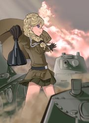 Rule 34 | 10s, 1girl, 7tp, blonde hair, blue eyes, brown jacket, capelet, commentary, explosion, fourragere, girls und panzer, girls und panzer ribbon no musha, highres, jacket, jajka (girls und panzer), military, military uniform, military vehicle, miniskirt, motor vehicle, outstretched arms, pleated skirt, riding crop, skirt, solmoniq, solo, tank, uniform