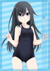 Rule 34 | 1girl, asashio (kancolle), black hair, blue background, blue eyes, blue one-piece swimsuit, blush, breasts, character name, commentary request, covered navel, highres, inaba shiki, kantai collection, long hair, looking at viewer, new school swimsuit, one-piece swimsuit, school swimsuit, small breasts, smile, solo, swimsuit