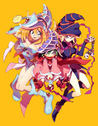 Rule 34 | 3girls, abcrambon, angry, bad id, bad pixiv id, blonde hair, blue footwear, blush, boots, breasts, cape, card ejector, cellphone, dark magician girl, duel monster, female focus, gagaga girl, green eyes, green hair, happy, hat, highres, long hair, magical girl, multiple girls, orange background, pentacle, pentagram, phone, pink hair, skirt, skull, smile, staff, wand, witch, wizard hat, yu-gi-oh!, yu-gi-oh! duel monsters, yu-gi-oh! gx, yu-gi-oh! zexal, yuu-gi-ou, yuu-gi-ou zexal