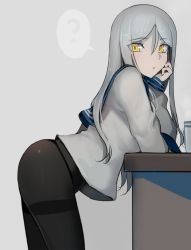 Rule 34 | 10s, 1girl, ?, abyssal ship, head rest, colored skin, commentary request, grey background, grey hair, grey skin, kantai collection, long hair, long sleeves, looking at viewer, no pants, panties, pantyhose, school uniform, serafuku, solo, spoken question mark, ta-class battleship, thighband pantyhose, underwear, walzrj, yellow eyes