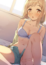 Rule 34 | 1girl, :o, aqua shorts, blonde hair, blue bra, blush, bra, breasts, brown eyes, collarbone, commentary request, female pubic hair, heart, heart in eye, highres, idolmaster, idolmaster shiny colors, looking at viewer, medium breasts, navel, open fly, pubic hair, pussy, sakuragi mano, seneto, short hair, shorts, sitting, solo, spread pussy, symbol in eye, unbuttoned, open fly, underwear