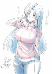 Rule 34 | 1girl, ^^^, animal, arm behind back, blue eyes, blue hair, breasts, character request, closed mouth, cowboy shot, denim, flying sweatdrops, hand up, jeans, large breasts, long hair, long sleeves, looking at viewer, pants, rabbit, ribbed sweater, simple background, solo, sweater, translation request, tsurime, tukiwani, turtleneck, turtleneck sweater, white background