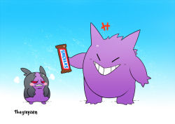 Rule 34 | angry, blank eyes, blue background, chocolate, closed eyes, commentary, creature, creatures (company), english commentary, facing another, food, frown, full body, game freak, gen 1 pokemon, gen 8 pokemon, gengar, ghost, gradient background, grin, holding, holding chocolate, holding food, looking at another, morpeko, morpeko (hangry), nintendo, no humans, pokemon, pokemon (creature), red eyes, smile, snickers (brand), standing, thegreyzen