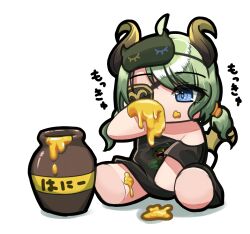Rule 34 | 1girl, ahoge, black outline, black shirt, blue eyes, brown horns, chibi, commentary request, eating, eyepatch, food, food on face, full body, green hair, highres, honey, honeypot, horns, low twintails, mask, mask on head, medium bangs, medium hair, nanashi inc., outline, sekishiro mico, shiranui enki, shirt, short twintails, simple background, sitting, sleep mask, solo, twintails, virtual youtuber, white background