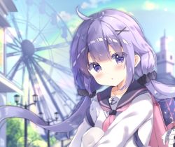 Rule 34 | 1girl, :o, ahoge, anchor symbol, azur lane, backpack, bag, bag charm, black sailor collar, black scrunchie, blue sky, blush, charm (object), collarbone, commentary request, day, ferris wheel, hair between eyes, hair ornament, hair scrunchie, hairclip, highres, knee up, lamppost, long hair, looking at viewer, low twintails, outdoors, parted lips, pink neckwear, purple eyes, purple hair, saeki sora, sailor collar, school uniform, scrunchie, serafuku, sitting, sky, solo, sweater, twintails, unicorn (long-awaited date) (azur lane), unicorn (azur lane), very long hair, white sweater, x hair ornament