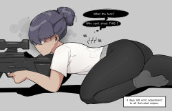 Rule 34 | 1girl, anger vein, black eyes, closed mouth, commentary, earpiece, english commentary, english text, engrish text, from side, grey background, gun, highres, holding, holding gun, holding weapon, lightning bolt symbol, oddsnail, original, pants, purple hair, ranguage, shirt, short sleeves, simple background, solo, sweatpants, thought bubble, weapon, white shirt
