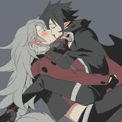 Rule 34 | 2boys, black cape, black choker, black gloves, black hair, black pants, blush, cape, choker, closed eyes, cropped jacket, disgaea, ear blush, facing another, fenrich (disgaea), from side, gloves, grey background, grey hair, hair between eyes, hand on another&#039;s ear, jacket, kiss, long hair, makai senki disgaea 4, male focus, messy hair, multiple boys, nervous sweating, open mouth, pants, pointy ears, red jacket, sat0 u0, short hair, sitting, sitting on lap, sitting on person, sketch, spiked hair, sweat, tail, torn cape, torn clothes, valvatorez (disgaea), vampire, werewolf, white gloves, wolf tail, yaoi