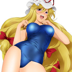 Rule 34 | 1girl, blonde hair, blue one-piece swimsuit, blush, bow, breasts, commentary request, contrapposto, cowboy shot, embarrassed, hair bow, hat, hat ribbon, long hair, medium breasts, mob cap, one-piece swimsuit, open mouth, purple eyes, red bow, ribbon, school swimsuit, simple background, swimsuit, teeth, thighs, touhou, upper body, upper teeth only, very long hair, white background, white headwear, yadokari genpachirou, yakumo yukari