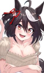 Rule 34 | 1girl, absurdres, ahoge, alternate costume, animal ears, black hair, blush, breasts, cleavage, commentary request, crossed arms, dress, ear ornament, grey dress, hair between eyes, highres, horse ears, horse girl, horse tail, kitasan black (umamusume), large breasts, looking at viewer, lying, multicolored hair, on stomach, open mouth, red eyes, short hair, simple background, smile, solo, streaked hair, tail, take978733141, the pose, two side up, umamusume, white background, white hair