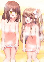 Rule 34 | 2girls, asahina momoko, blush, breasts, brown hair, bucchake (asami), censored, cleavage, convenient censoring, girlfriend (kari), groin, long hair, multiple girls, navel, one side up, open mouth, panties, panty pull, pulling own clothes, red eyes, ribbon, shiina kokomi, short hair, small breasts, smile, steam, steam censor, thighs, topless, underwear, underwear only, undressing, white panties