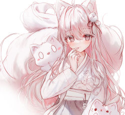 Rule 34 | 1girl, animal, animal ear fluff, animal ears, blush, cat, closed mouth, commentary request, fox, fox ears, fox girl, fox tail, grey eyes, grey hair, grey skirt, hair between eyes, hanbok, highres, korean clothes, long sleeves, looking at viewer, original, simple background, skirt, smile, solo, tail, tail raised, tandohark, white background