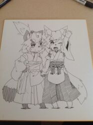 Rule 34 | 2girls, animal ear fluff, animal ears, animal feet, arm at side, arm up, barefoot, breasts, detached sleeves, feet, female focus, flat chest, fox ears, fox girl, fox tail, full body, furry, furry female, greyscale, hair ornament, hakama, hakama skirt, half-closed eyes, hand on own hip, hip vent, holding hands, japanese clothes, kame (3t), kimono, long sleeves, looking at viewer, marker, medium breasts, monochrome, multiple girls, obi, one eye closed, original, photo (medium), raccoon ears, raccoon girl, raccoon tail, rin-chan (kame (3t)), sash, short hair, simple background, sketch, skirt, sleeveless, sleeveless kimono, standing, swept bangs, tail, thick eyebrows, topknot, traditional media, waving, white background, wide sleeves, wink, yhun-chan (kame (3t))