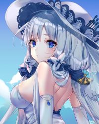 Rule 34 | 1girl, azur lane, back, bare shoulders, blue eyes, blue gemstone, blue sky, blush, breasts, closed mouth, cloud, day, dress, elbow gloves, eyelashes, from side, gem, gloves, hair ribbon, hat, highres, illustrious (azur lane), kinty, large breasts, long hair, looking at viewer, looking back, mole, mole under eye, outdoors, ribbon, shoulder blades, silver hair, sky, sleeveless, sleeveless dress, solo, strapless, strapless dress, sun hat, tress ribbon, upper body, white dress, white gloves, white hat