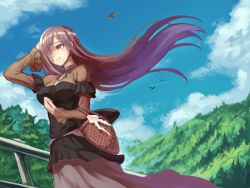 Rule 34 | 1girl, animal, arm up, basket, bird, black shirt, blue sky, blush, breasts, brown eyes, brown hair, brown skirt, closed mouth, cloud, commentary request, copyright request, day, dress shirt, floating hair, hair over one eye, highres, long hair, long sleeves, looking away, medium breasts, outdoors, railing, shirt, skirt, sky, smile, solo, sue (bg-bros), tree, very long hair