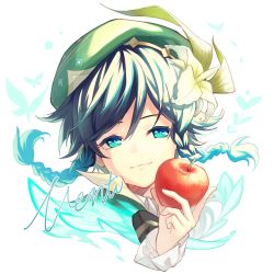 Rule 34 | 1boy, absurdres, apple, black hair, blue hair, bow, braid, bug, butterfly, character name, closed mouth, flower, food, frilled sleeves, frills, fruit, genshin impact, gradient hair, green eyes, green hat, hair flower, hair ornament, hat, highres, holding, holding food, holding fruit, insect, kyou kzn, leaf, looking at viewer, male focus, multicolored hair, simple background, smile, solo, trap, twin braids, venti (genshin impact), white background