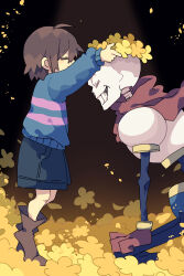 Rule 34 | 1boy, 1other, = =, absurdres, ahoge, androgynous, ankle boots, black background, blue shorts, blue sweater, boots, brown footwear, brown hair, cape, child, closed eyes, commentary, dressing another, field, flower, flower field, flower wreath, frisk (undertale), from side, full body, gloves, grin, hair between eyes, head wreath, highres, long sleeves, nikorashi-ka, papyrus (undertale), profile, red cape, red gloves, seiza, short hair, shorts, sitting, skeleton, smile, spotlight, standing, sweater, tiptoes, undertale, yellow flower
