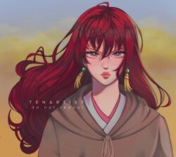 Rule 34 | 1girl, akatsuki no yona, cape, close-up, commentary, earrings, english commentary, floating hair, hair between eyes, highres, hood, hooded cape, jewelry, long hair, looking at viewer, pink lips, purple eyes, red hair, sky, solo, tenartistt, yona (akatsuki no yona)