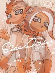 Rule 34 | 1boy, 1girl, agent 8 (splatoon), artist name, bodysuit, breasts, brown hair, cleavage, clenched hand, closed mouth, commentary request, copyright name, dark-skinned female, dark-skinned male, dark skin, feet out of frame, gradient hair, grey background, grey eyes, grey hair, highres, medium hair, mohawk, multicolored hair, n2uohichan, nintendo, octoling, octoling boy, octoling girl, octoling player character, parted lips, short hair, sleeveless, sleeveless bodysuit, socks, splatoon (series), splatoon 3, splatoon 3: side order, standing, tentacle hair, thick eyebrows, twitter username, two-tone hair, white bodysuit, white socks