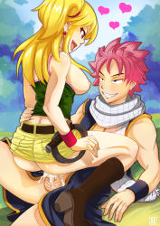 Rule 34 | 1boy, 1girl, :d, ass, bare arms, bare shoulders, belt, black eyes, blonde hair, blush, boots, breasts, breasts out, brown eyes, clenched teeth, clothed sex, cloud, couple, cowgirl position, cum, denim, denim skirt, earrings, eye contact, fairy tail, fang, girl on top, grin, hand on another&#039;s hip, happy, happy sex, heart, hetero, highres, hmage, jewelry, large breasts, long hair, looking at another, lucy heartfilia, lying, moaning, muscular, natsu dragneel, nipples, one side up, open mouth, penis, pink hair, scarf, sex, short hair, sideboob, sitting, sitting on person, skirt, sky, smile, spiked hair, straddling, tank top, teeth, testicles, uncensored, vaginal, whip, wristband, yellow skirt