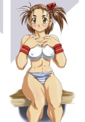 Rule 34 | 1girl, :c, abs, blush, bra, breasts, brown eyes, brown hair, covered erect nipples, highres, hinokawa jun, izumo ryoko, large breasts, muscular, muscular female, one side up, panties, short hair, side ponytail, sitting, snk, solo, sports bra, striped clothes, striped panties, thick thighs, thighs, underwear, underwear only, world heroes, wristband