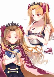 Rule 34 | 1girl, averting eyes, bad id, bad pixiv id, between breasts, blonde hair, blush, box, breasts, candy, cape, chocolate, chocolate heart, cleavage, closed mouth, detached collar, earrings, ereshkigal (fate), fate/grand order, fate (series), food, gift, gift box, gold trim, happiness lilys, heart, heart-shaped box, highres, holding, holding gift, hoop earrings, infinity symbol, jewelry, long hair, multiple views, parted bangs, red cape, red eyes, skull, spine, tiara, two side up, valentine