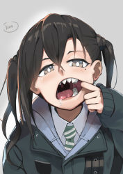 Rule 34 | 1girl, absurdres, artist name, brown eyes, brown hair, commentary, english commentary, grey background, hair between eyes, highres, idolmaster, idolmaster cinderella girls, jacket, kion-kun, long hair, looking at viewer, mole, mole under eye, mouth pull, necktie, no mask, open mouth, saliva, sharp teeth, simple background, sleeves past wrists, solo, sunazuka akira, teeth, twintails, upper body, uvula
