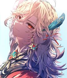 Rule 34 | 1boy, arm behind head, arm up, artist name, backlighting, blonde hair, braid, cape, closed mouth, commentary request, earrings, eyelashes, feather hair ornament, feathers, genshin impact, gradient background, hair between eyes, hair ornament, highres, jewelry, kaveh (genshin impact), long hair, long sleeves, looking at viewer, looking to the side, male focus, necklace, non koto27, parted bangs, red cape, red eyes, shirt, sidelocks, simple background, single braid, smile, solo, twitter username, upper body, white shirt