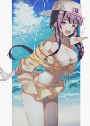 Rule 34 | 10s, 1girl, bare shoulders, bb (fate), bb (fate/extra), bb (swimsuit mooncancer) (fate), bb (swimsuit mooncancer) (first ascension) (fate), beach, blush, braid, breasts, cleavage, clothes lift, day, fate/extra, fate/extra ccc, fate/grand order, fate (series), hat, jacket, long hair, looking at viewer, medium breasts, nakaba (mode), ocean, open mouth, purple eyes, purple hair, skirt, skirt lift, smile, solo, standing, star (symbol), thighs, very long hair, white cap, white hat, yellow jacket, yellow skirt