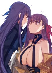 Rule 34 | 10s, 2girls, aoki shizumi, bare shoulders, blue eyes, blue ribbon, breasts, cleavage, collar, fate/extra, fate/extra ccc, fate (series), flying sweatdrops, hair ribbon, huge breasts, long hair, looking at another, looking down, looking up, meltryllis (fate), multiple girls, o-ring, o-ring top, open mouth, passionlip (fate), pink eyes, purple hair, red ribbon, ribbon, sweat, yuri