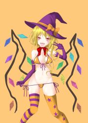 Rule 34 | 1girl, absurdres, asymmetrical legwear, bikini, bikini pull, blonde hair, bow, bowtie, clothes pull, commentary, crystal, dai zu san, elbow gloves, flandre scarlet, front-tie bikini top, front-tie top, gloves, halloween, halloween costume, halterneck, hat, hat bow, highres, long hair, looking at viewer, medium hair, mismatched legwear, multicolored thighhighs, navel, open mouth, orange background, orange bow, orange thighhighs, pulling own clothes, purple gloves, purple hat, purple thighhighs, red bow, red eyes, side-tie bikini bottom, simple background, smile, solo, standing, star (symbol), star print, string bikini, striped clothes, striped thighhighs, swimsuit, thighhighs, tongue, tongue out, touhou, w, wings, witch hat