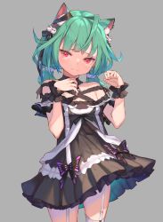 Rule 34 | 1girl, ahoge, animal ear fluff, animal ears, bare shoulders, black bow, black choker, black dress, bow, cat ears, choker, dress, earrings, frilled dress, frills, garter straps, gothic lolita, green hair, hair bow, hair ornament, hair ribbon, highres, hololive, jewelry, lace, lace choker, lolita fashion, looking at viewer, low twintails, off-shoulder dress, off shoulder, red eyes, ribbon, shindou kamichi, short twintails, simple background, solo, thighhighs, twintails, uruha rushia, uruha rushia (3rd costume), virtual youtuber, white garter straps, white thighhighs, wrist cuffs