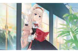 Rule 34 | 1girl, animal ears, arknights, bear ears, bear girl, black dress, blue eyes, blunt bangs, blurry, book, bow, bowtie, braid, brown jacket, building, check translation, closed mouth, commentary request, depth of field, dress, english text, flower, hair flower, hair ornament, hairband, highres, holding, holding book, hymxiaocyan, indoors, istina (arknights), istina (bibliosmia) (arknights), jacket, long hair, long sleeves, looking at viewer, official alternate costume, ofuda, open book, open clothes, open jacket, pinafore dress, plant, puffy long sleeves, puffy sleeves, red bow, red bowtie, red hairband, russian commentary, russian text, shirt, silver hair, sleeveless, sleeveless dress, smile, solo, striped clothes, striped hairband, translated, translation request, twin braids, white flower, white shirt, window