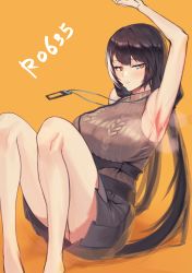 Rule 34 | 1girl, arm up, armpit focus, armpits, ass, black hair, blush, breasts, character name, commentary request, girls&#039; frontline, heterochromia, highres, huge breasts, id card, lanyard, legs, long hair, multicolored hair, orange background, panties, pleated skirt, red eyes, ro635 (girls&#039; frontline), ro635 (mod3) (girls&#039; frontline), saturndxy, sideways glance, sitting, skirt, sleeveless, solo, streaked hair, sweat, sweater vest, underwear, white hair, yellow eyes