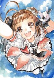 Rule 34 | 1044kiro, 10s, 1girl, :d, absurdres, antenna hair, bow, brown eyes, brown hair, double bun, frilled skirt, frills, gloves, highres, kantai collection, microphone, naka (kancolle), necktie, open mouth, painting (medium), puffy short sleeves, puffy sleeves, scrunchie, short hair, short sleeves, skirt, smile, solo, traditional media, two side up, watercolor (medium), white gloves, white legwear