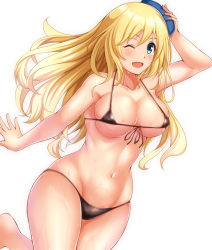 Rule 34 | 1girl, alternate costume, atago (kancolle), bare shoulders, beret, bikini, black bikini, blonde hair, blue eyes, blue hat, blush, breasts, collarbone, commentary request, front-tie top, hair between eyes, hat, kantai collection, large breasts, long hair, looking at viewer, micro bikini, navel, one eye closed, open mouth, skindentation, smile, solo, swimsuit, white background, zanntetu
