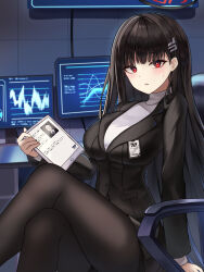 Rule 34 | 1girl, absurdres, arm support, doodle sensei (blue archive), black hair, black jacket, black pantyhose, black skirt, blazer, blue archive, blunt bangs, breasts, bright pupils, cameo, chair, commentary request, computer, crossed legs, hair ornament, hairclip, halo, hamu (hvmzld123), highres, holding, holding tablet pc, id card, indoors, jacket, large breasts, long hair, long sleeves, looking at viewer, monitor, multiple monitors, office, office chair, on chair, pantyhose, red eyes, rio (blue archive), sensei (blue archive), sidelocks, sitting, skirt, solo, sweatdrop, sweater, swivel chair, tablet pc, turtleneck, turtleneck sweater, very long hair, white pupils, white sweater