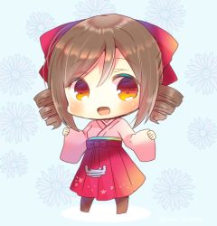 Rule 34 | 1girl, :d, anchor, blue background, blush, bow, brown hair, brown pantyhose, chibi, commentary request, drill hair, floral background, full body, hair between eyes, hair bow, hakama, hakama skirt, hands up, harukaze (kancolle), japanese clothes, kantai collection, kimono, kou hiyoyo, long sleeves, looking at viewer, meiji schoolgirl uniform, one-hour drawing challenge, open mouth, pantyhose, pinching sleeves, pink kimono, red bow, red eyes, red hakama, shadow, skirt, sleeves past wrists, smile, solo, standing, swept bangs, twin drills, twitter username, wide sleeves