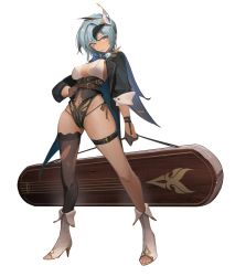 Rule 34 | 1girl, alternate costume, bad id, bad pixiv id, bell, blue hair, breasts, clothing cutout, corset, eula (genshin impact), eyyy, full body, genshin impact, hand on own hip, high heels, leotard, long hair, navel, navel cutout, parted lips, side-tie peek, simple background, single thighhigh, solo, standing, thigh strap, thighhighs, thighs, vision (genshin impact), white background, white footwear, yellow eyes