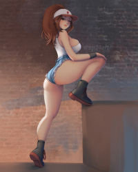 Rule 34 | 1girl, ankle boots, artist name, ass, bare shoulders, baseball cap, boots, breasts, brick wall, brown hair, closed mouth, commentary, creatures (company), from side, full body, game freak, hat, highres, hilda (pokemon), leg up, lips, long hair, looking at viewer, medium breasts, nintendo, np24art, one eye closed, pokemon, pokemon bw, ponytail, short shorts, shorts, signature, simple background, sleeveless, smile, thighs, wall, watermark, wristband