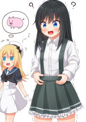 Rule 34 | +++, 2girls, ?, animal, asashio (kancolle), black hair, blonde hair, blue eyes, blue sailor collar, blush, buttons, collared shirt, comiching, dress, eighth note, gloves, grey skirt, hair between eyes, hat, highres, imagining, jervis (kancolle), kantai collection, long hair, long sleeves, multiple girls, musical note, open mouth, pig, pleated skirt, sailor collar, sailor dress, sailor hat, shirt, short sleeves, simple background, skirt, suspender skirt, suspenders, tears, white background, white dress, white gloves, white headwear, white shirt